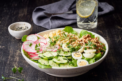 High angle view of food in plate on table