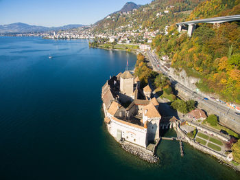 High angle view of buildings at seaside