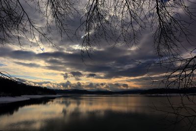 Scenic view of lake against sky at sunset