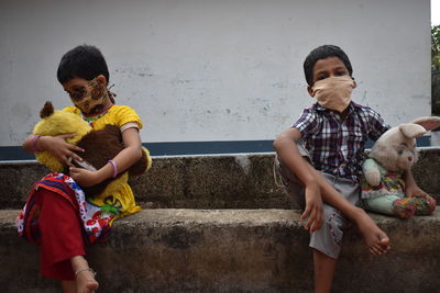 Kids in social distancing and weared mask for protect coronavirus. coronavirus related. 