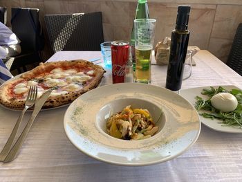 High angle view of food served on table