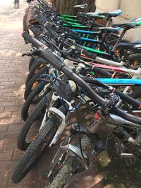 High angle view of bicycles in parking lot