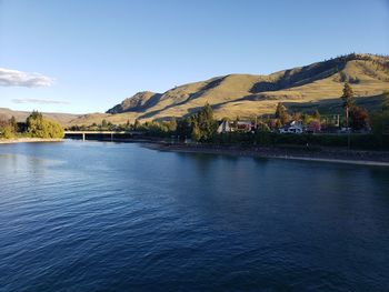 Scenic view of lake against blue sky