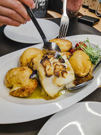 Close-up of portuguese style potato and cod fish in plate. 