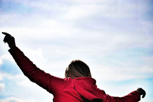 sky, lifestyles, leisure activity, cloud - sky, low angle view, waist up, rear view, casual clothing, childhood, standing, person, girls, red, headshot, togetherness, cloud, cloudy