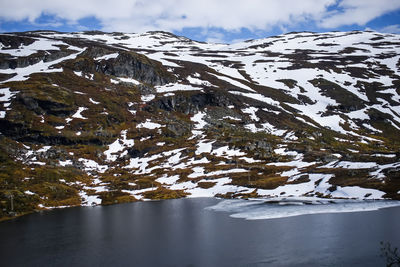 Scenic view of frozen lake against mountain range