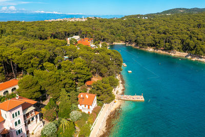 Aerial view of the beach near mali losinj on losinj island, the adriatic sea in croatia