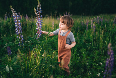 Rear view of girl standing amidst plants