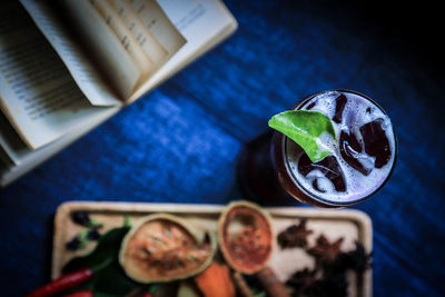 High angle view of drink on table