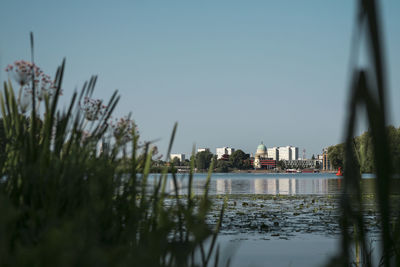 Scenic view of river by buildings against clear sky