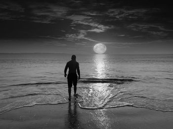 Rear view of man standing on beach against sky