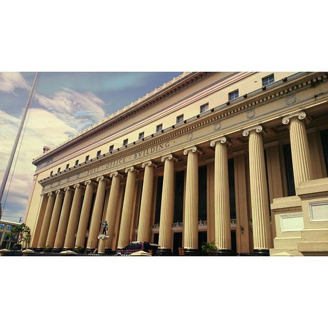 architecture, built structure, building exterior, transfer print, low angle view, sky, auto post production filter, architectural column, building, day, clear sky, column, window, facade, in a row, outdoors, history, exterior, no people, city