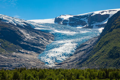 Aerial view of snowcapped mountains against sky