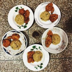 High angle view of food served on table