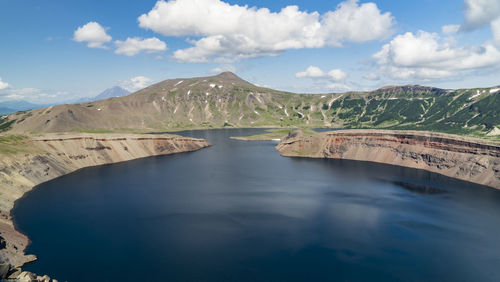 Scenic view of river amidst mountains against sky