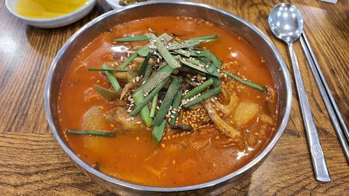 High angle view of soup in bowl on table