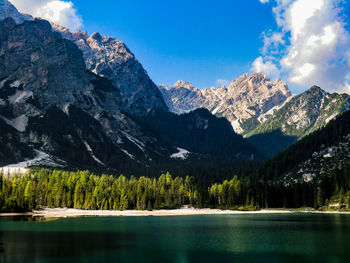 Scenic view of lake and mountains against sky 