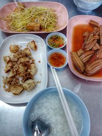 High angle view of food served on table