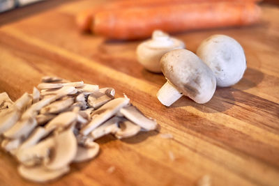 High angle view of chopped mushrooms on table