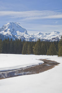 Scenic view of snowcapped mountains against sky