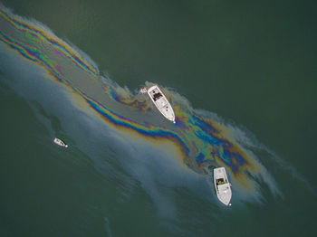 Lobster boats in a maine harbor from above