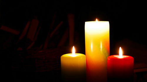 Close-up of lit candles in the dark