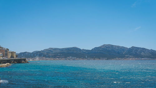 Scenic view of sea against clear blue sky