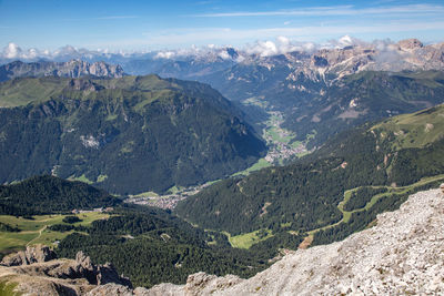 Aerial view of valley and mountains against sky