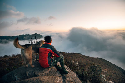 Dog standing in mountains against sky during sunset