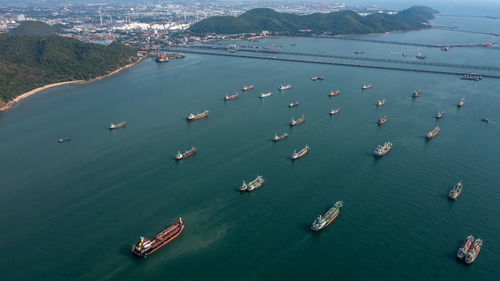 Aerial view oil and gas tanker petrochemical offshore in open sea, refinery industry cargo ship, 