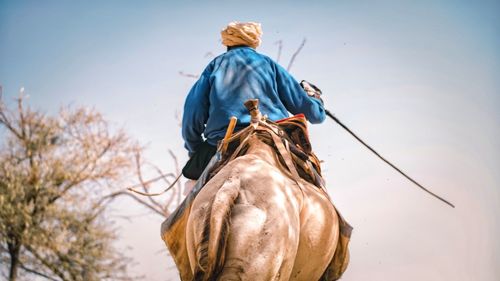 Rear view of person riding horse against sky