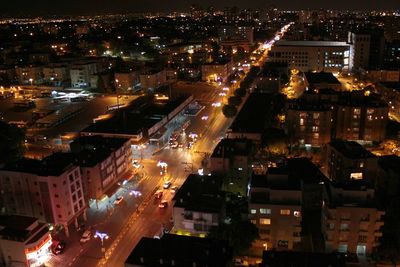 High angle view of city street at night