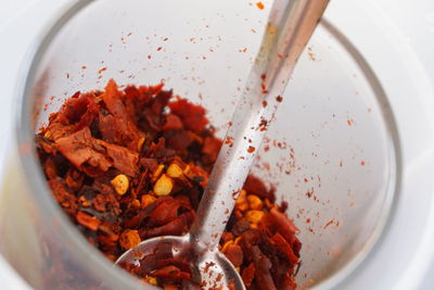 High angle view of meat in bowl