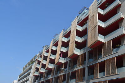 Low angle view of building against clear blue sky