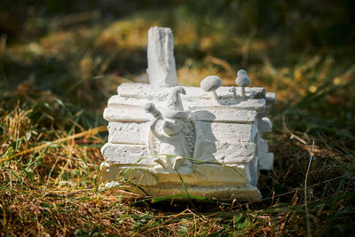 Close-up of chess pieces on field