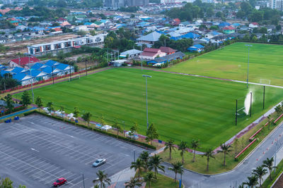 High angle view of buildings in city