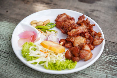 High angle view of meal served on table