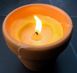 High angle view of illuminated candle