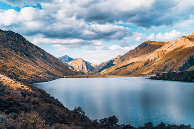 Scenic view of lake and mountains against sky