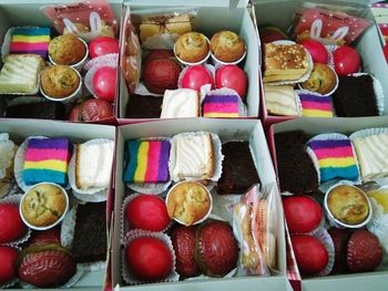 High angle view of various food on table