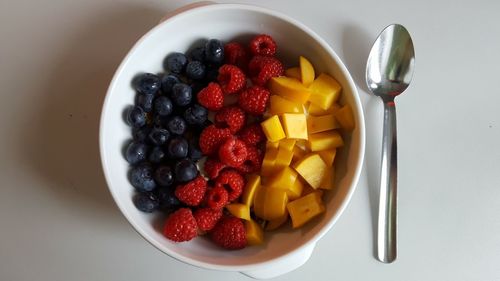 High angle view of strawberries in bowl