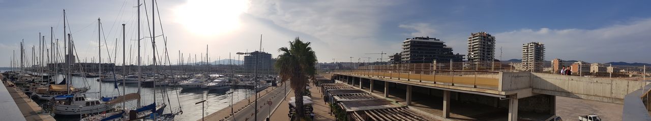 Panoramic view of harbor against sky