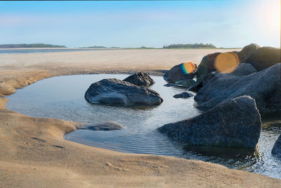 Scenic view of rocks on beach against sky