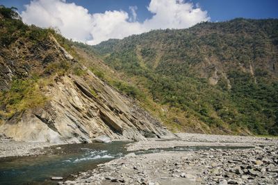 Scenic view of river amidst mountains against sky