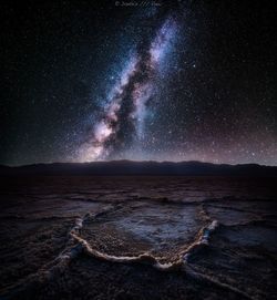 Scenic view of dramatic landscape against sky at night