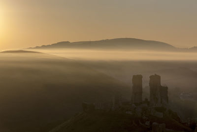 Scenic view of mountains against sky during sunset