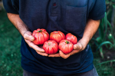 Midsection of man holding strawberries