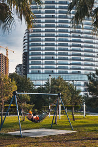 Low angle view of modern buildings in city