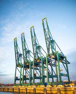 Low angle view of crane against sky