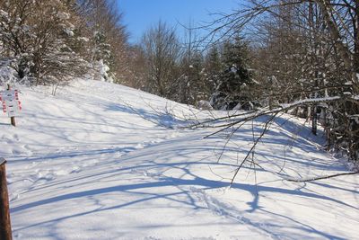 Snow covered landscape against sky